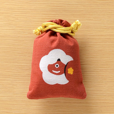 浅草の型染め工房本品堂（ポンピン堂）の守袋赤物3点セット　赤みみずく　達磨　梅に丑　型染め　更銈　テキスタイル